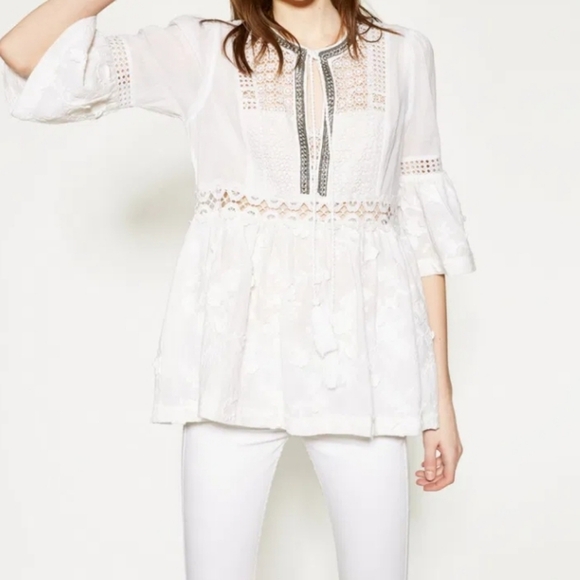 The Kooples Boho White Cotton Embroidered Blouse with Bell Sleeves Size S - Picture 1 of 16